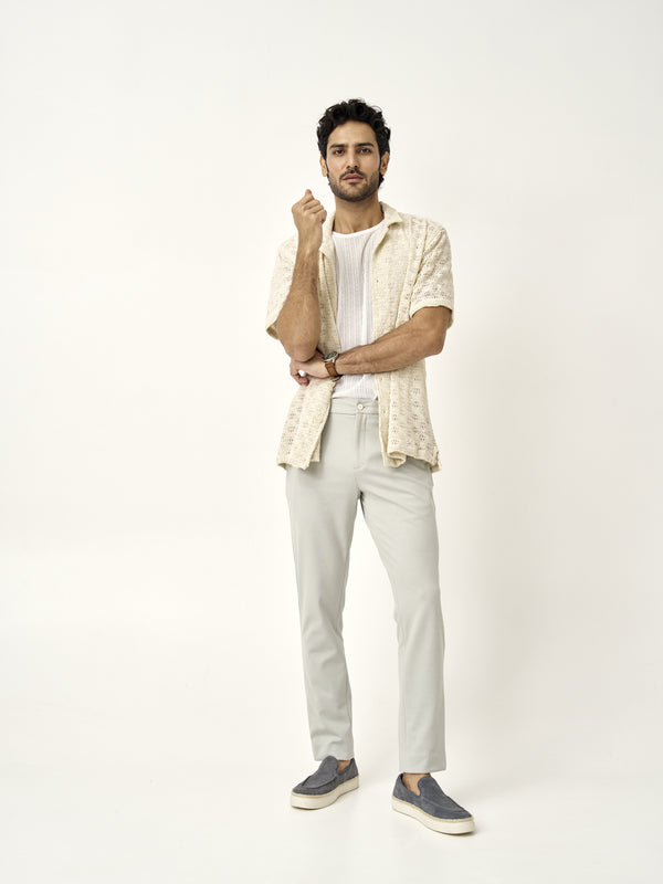 side view of man in the Pant Project matcha green pants and blue loafers