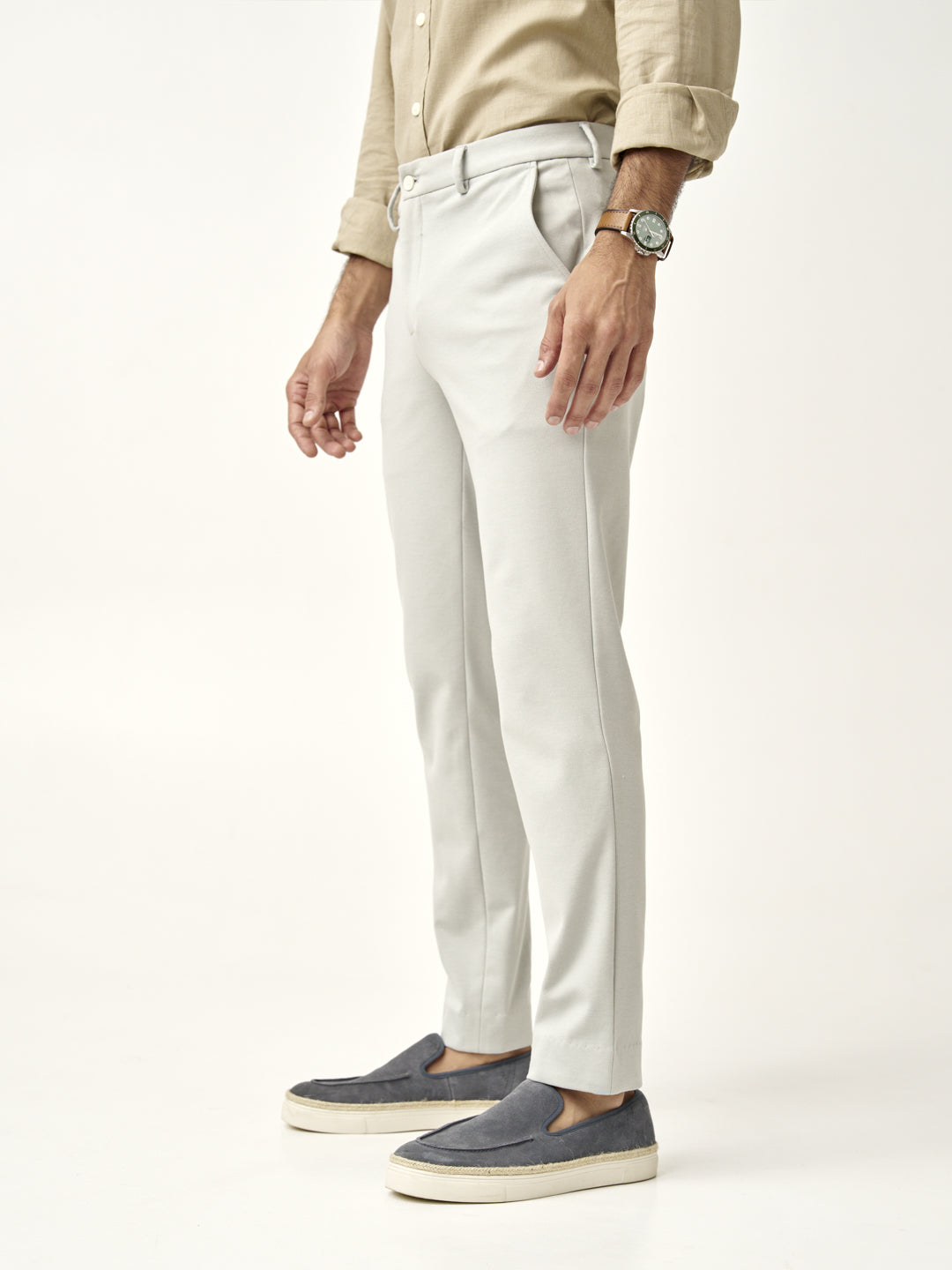 side view of man wearing matcha green  pants from the Pant Project