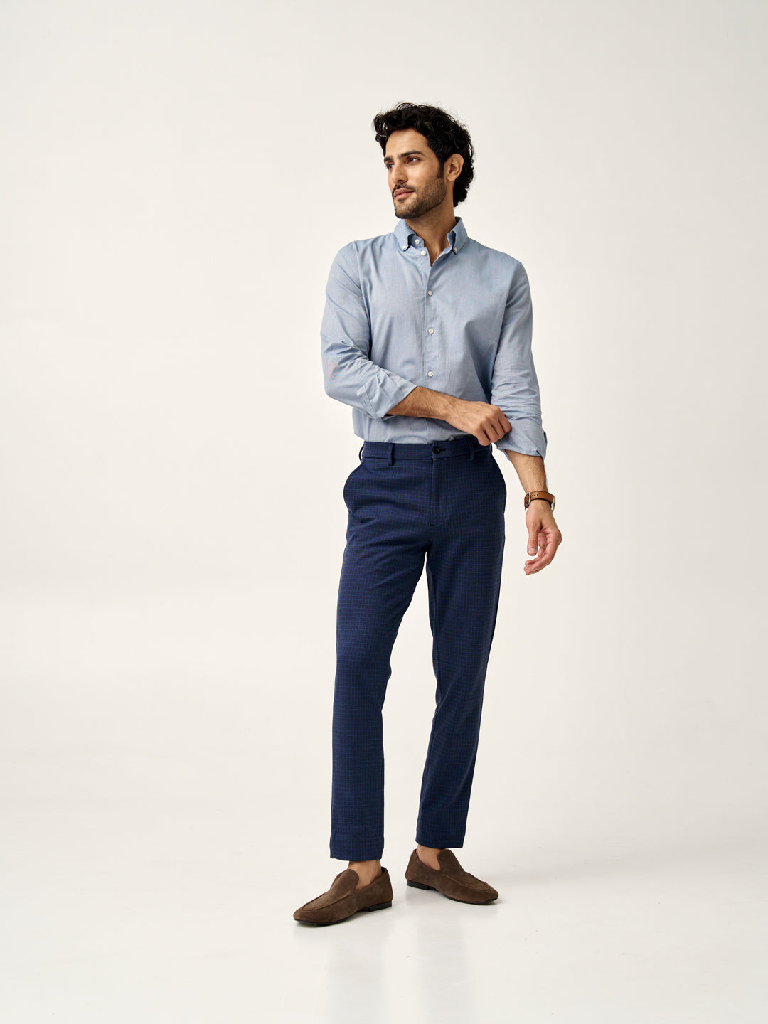 side view of man wearing the Pant Project blue check trousers