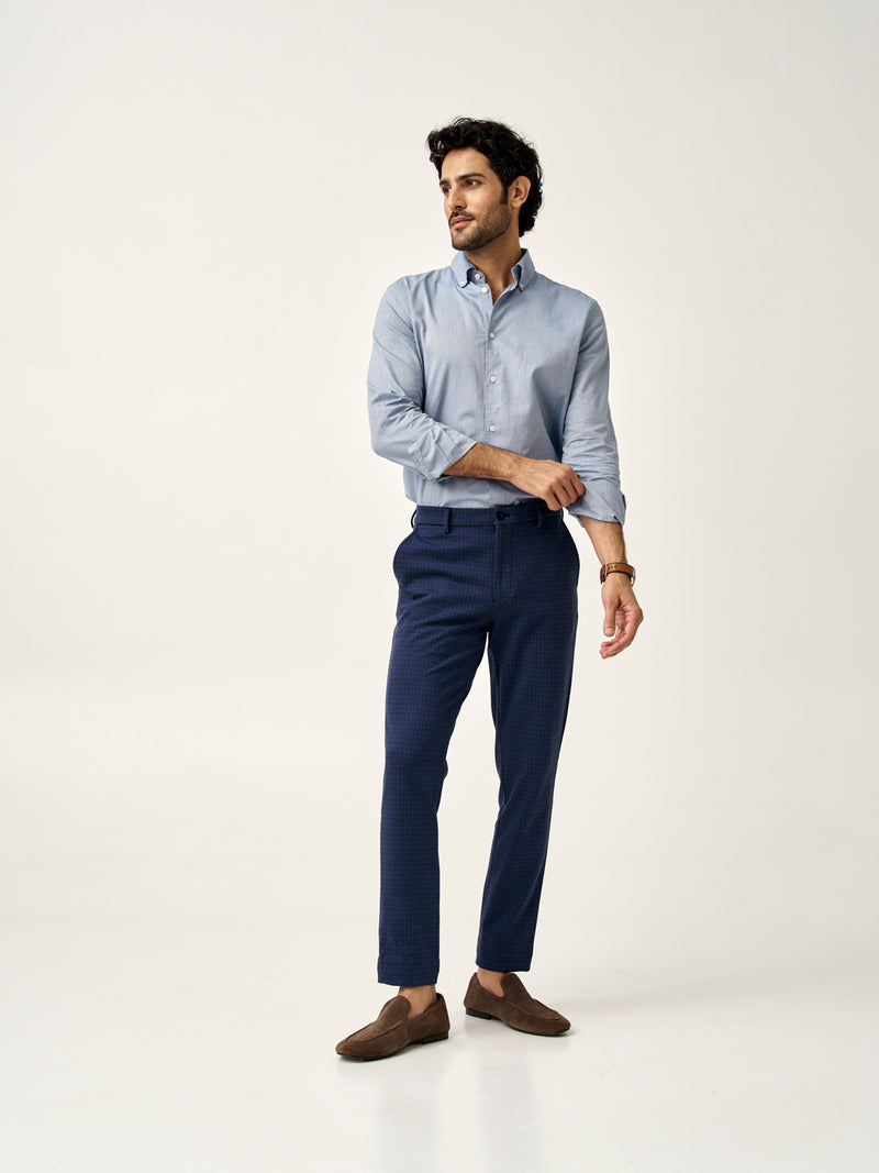 side view of man wearing the Pant Project blue check trousers