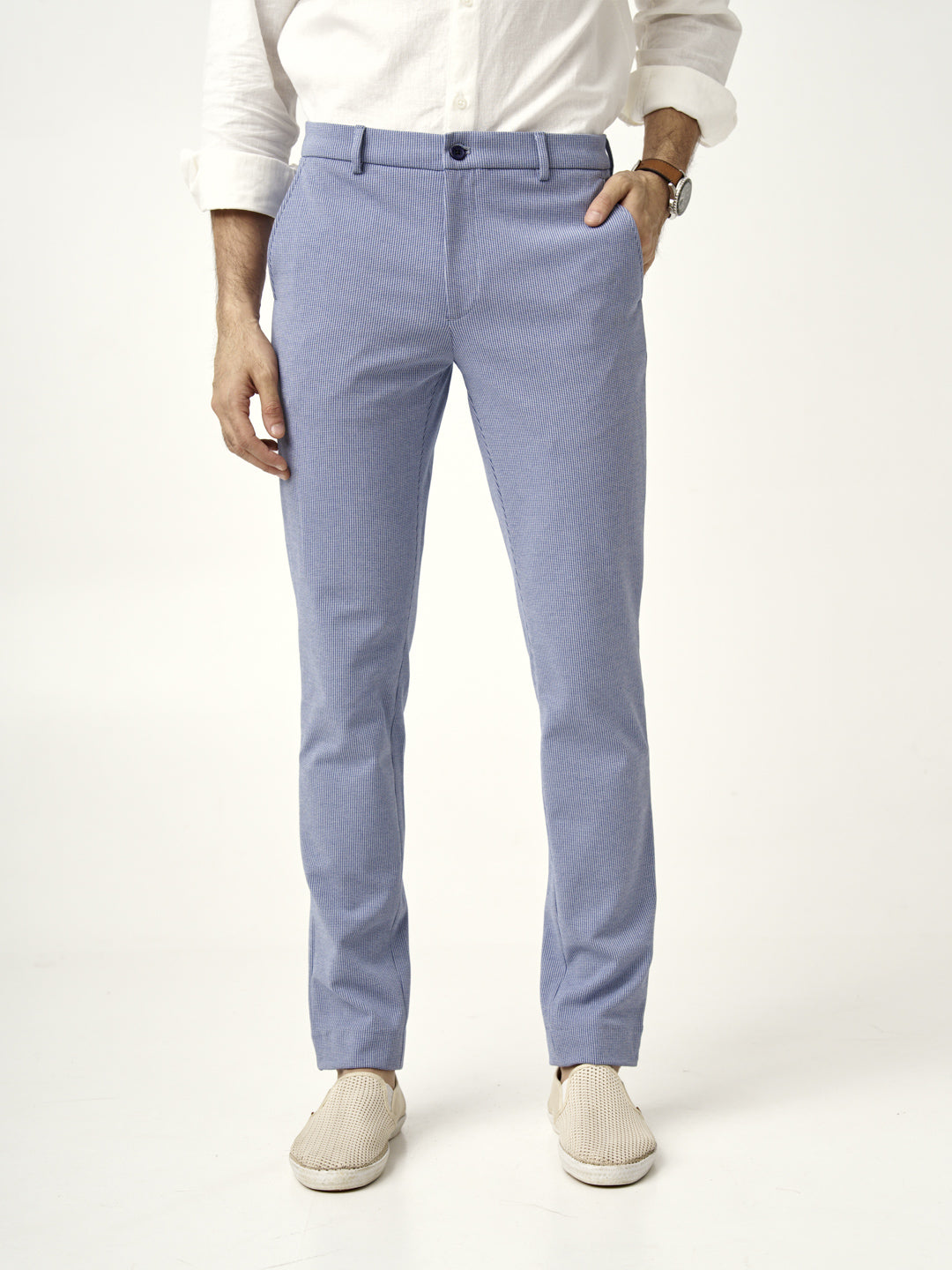 slim-fit scottish blue pants from the Pant Project styled with a white shirt