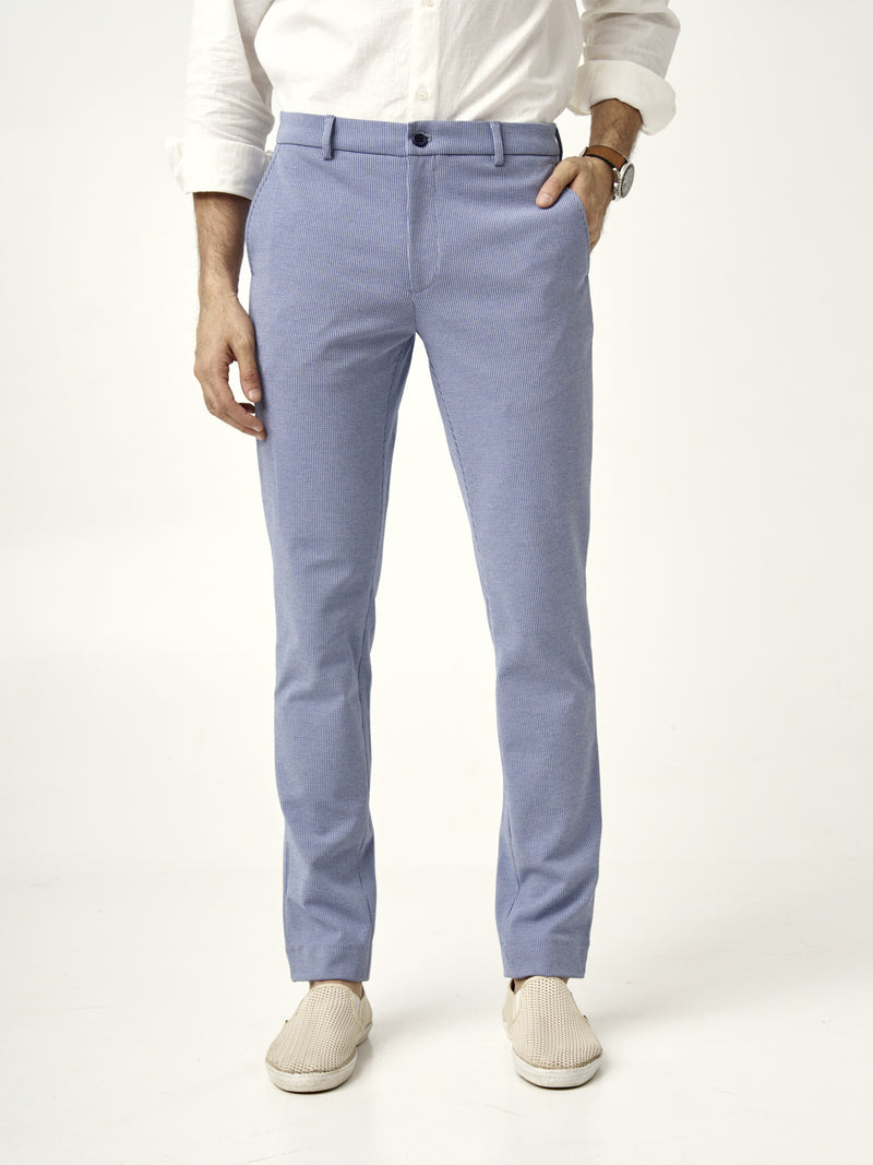 slim-fit scottish blue pants from the Pant Project styled with a white shirt