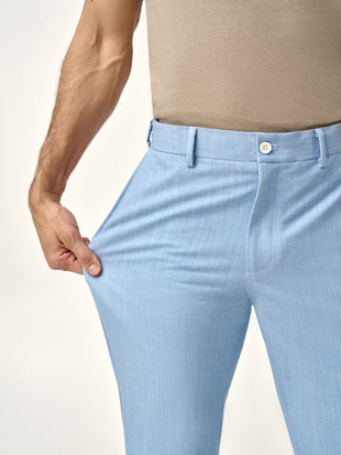 stretch fabric feature of Pant Project's blue bali stretchable trousers