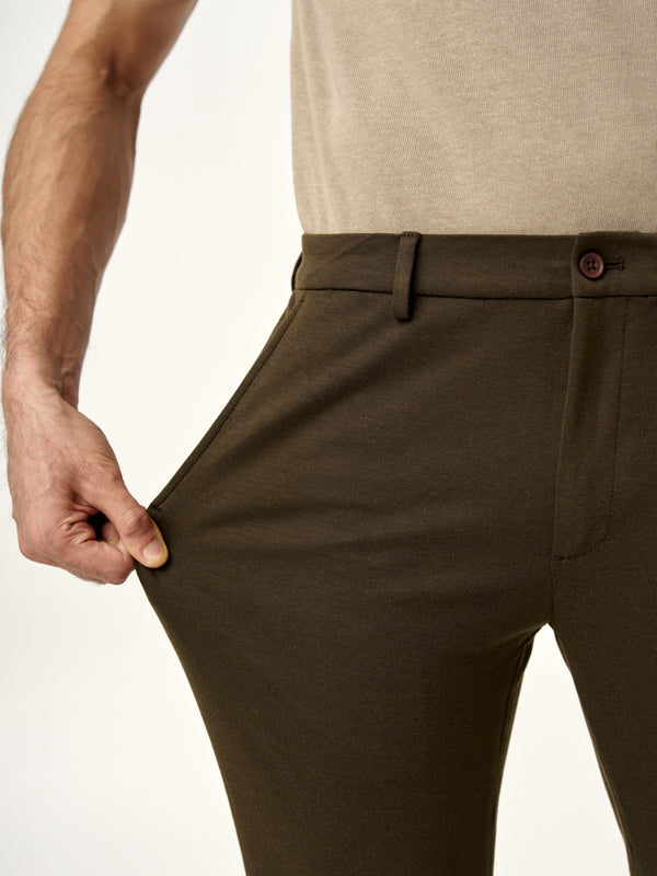 stretchable fabric shown on martini olive pants by the Pant Project