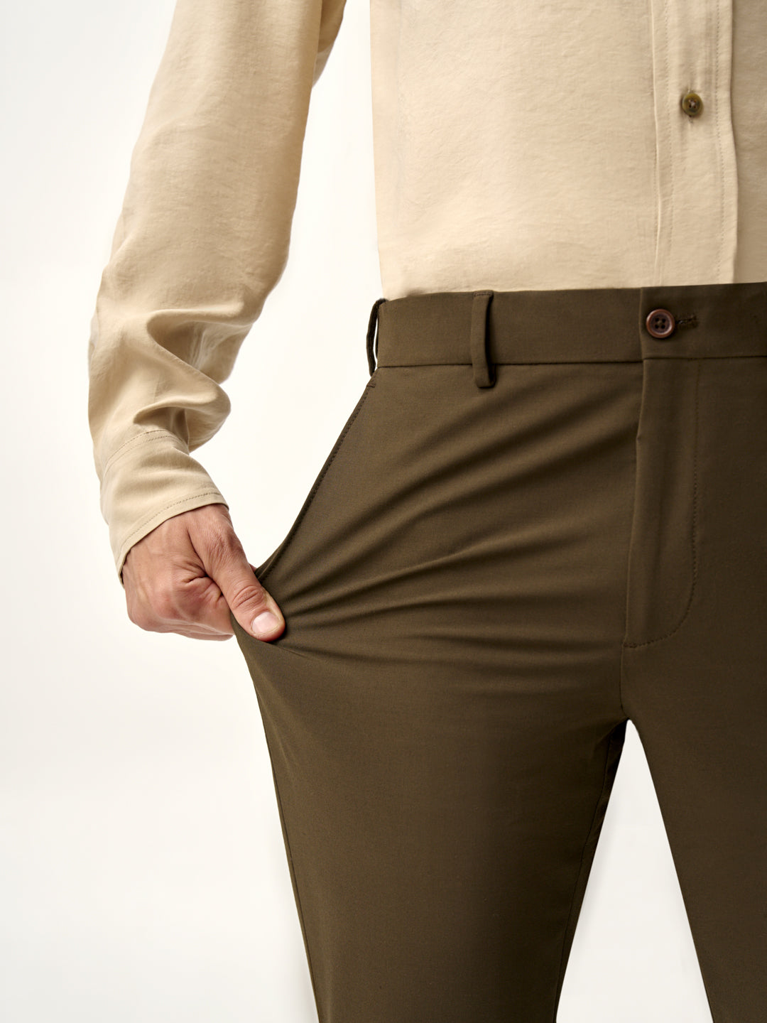 stretchable waistband close view of Pant Project olive green trousers