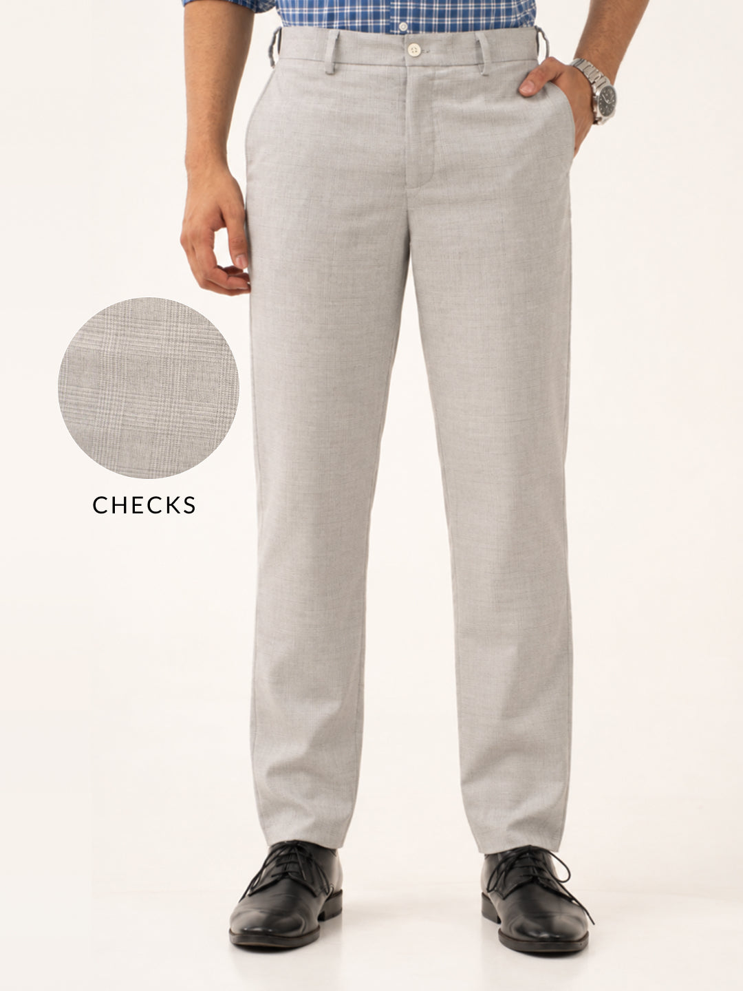 Ion Grey Checks Slim Fit Stretch Formal Pants