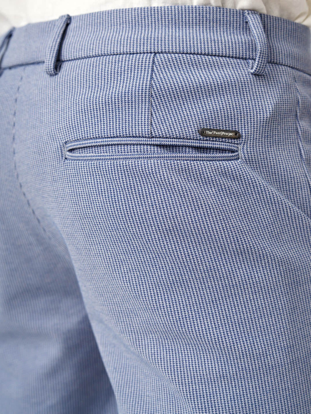 textured scottish blue pants with back pocket and brand logo from the Pant Project
