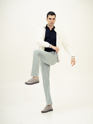 Full view of blue stretchable trousers by pant project, focusing on the fit and style
