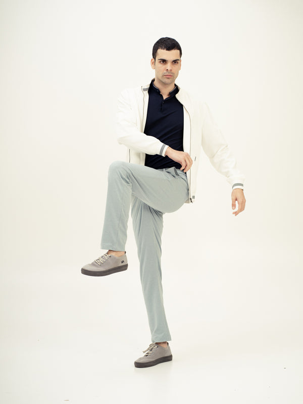 Full view of blue stretchable trousers by pant project, focusing on the fit and style