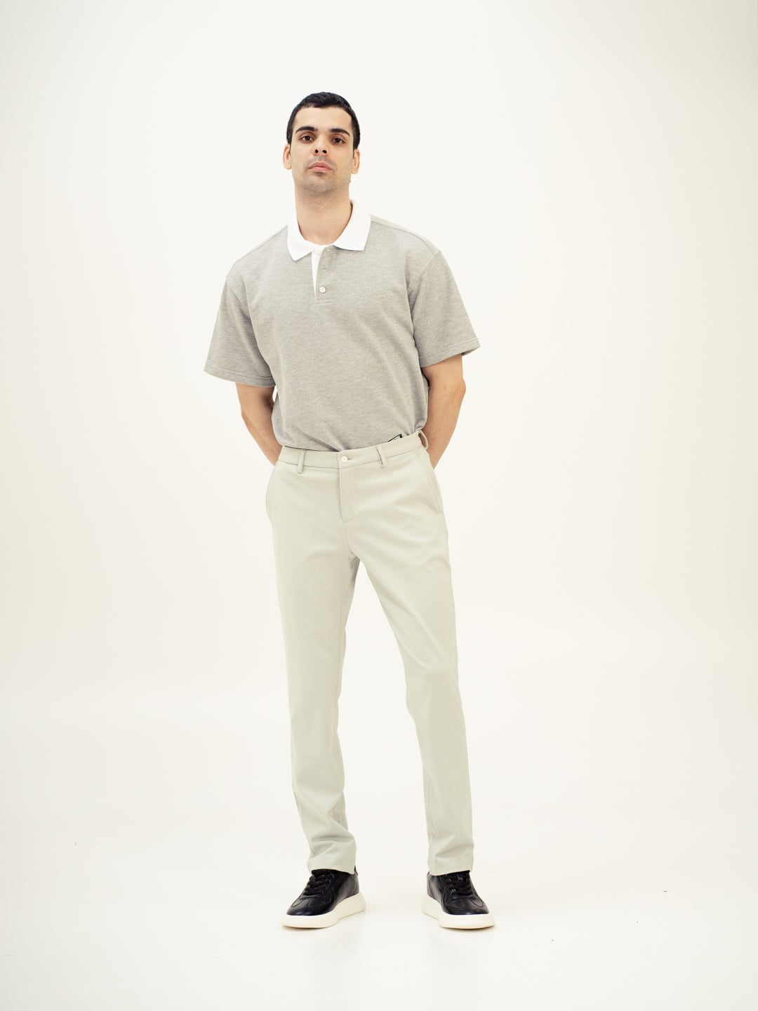 Front view of green stretchable trousers by pant project, focusing on the fit and design