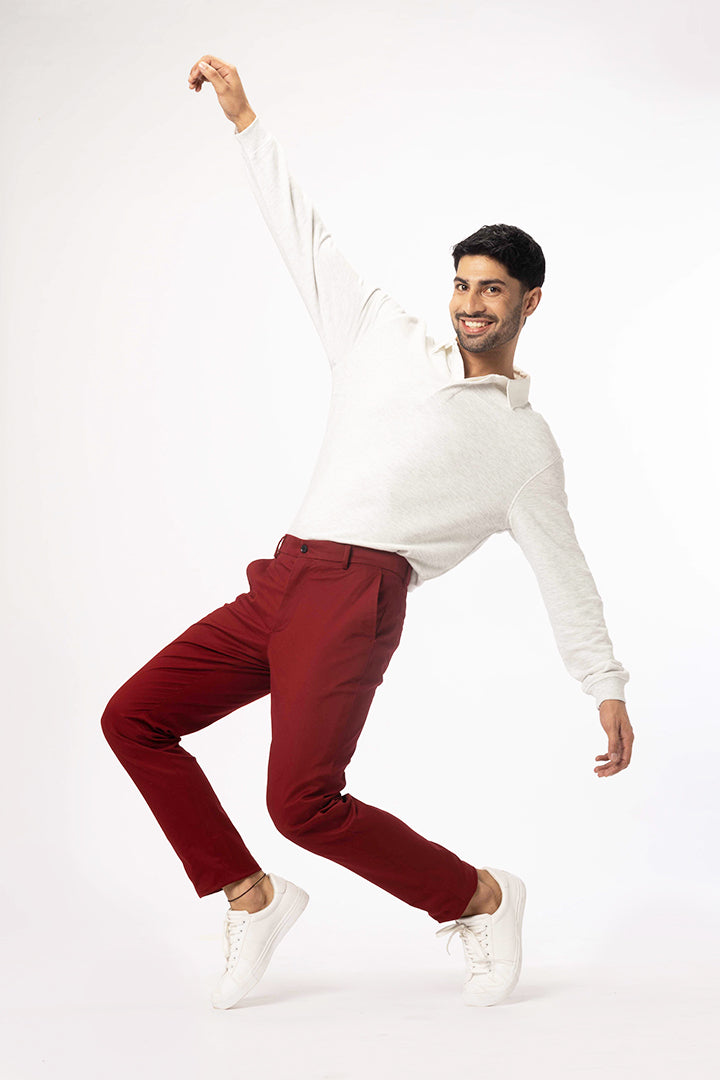 front view of red chino by pant project with casual styling