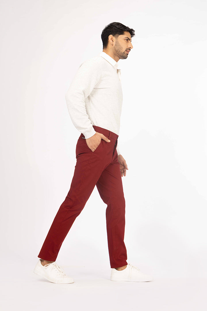 side view of red chino by pant project showcasing modern fit