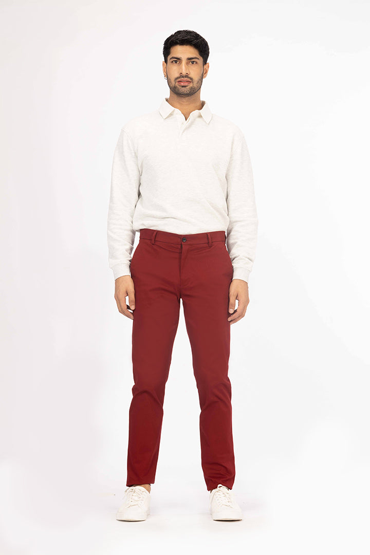 front view of red chino by pant project with classic fit