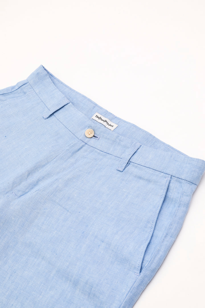 Mens chino shorts in iced blue linen Fabric 