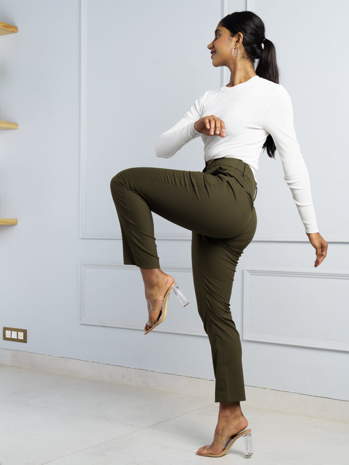 Buy Women's Army Olive Green Stretch Formal Pants Online In India Buy Women's Army Olive Green Stretch Formal Pants Online In India
