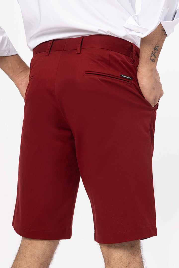 back view of red chino shorts by pant project featuring sleek design