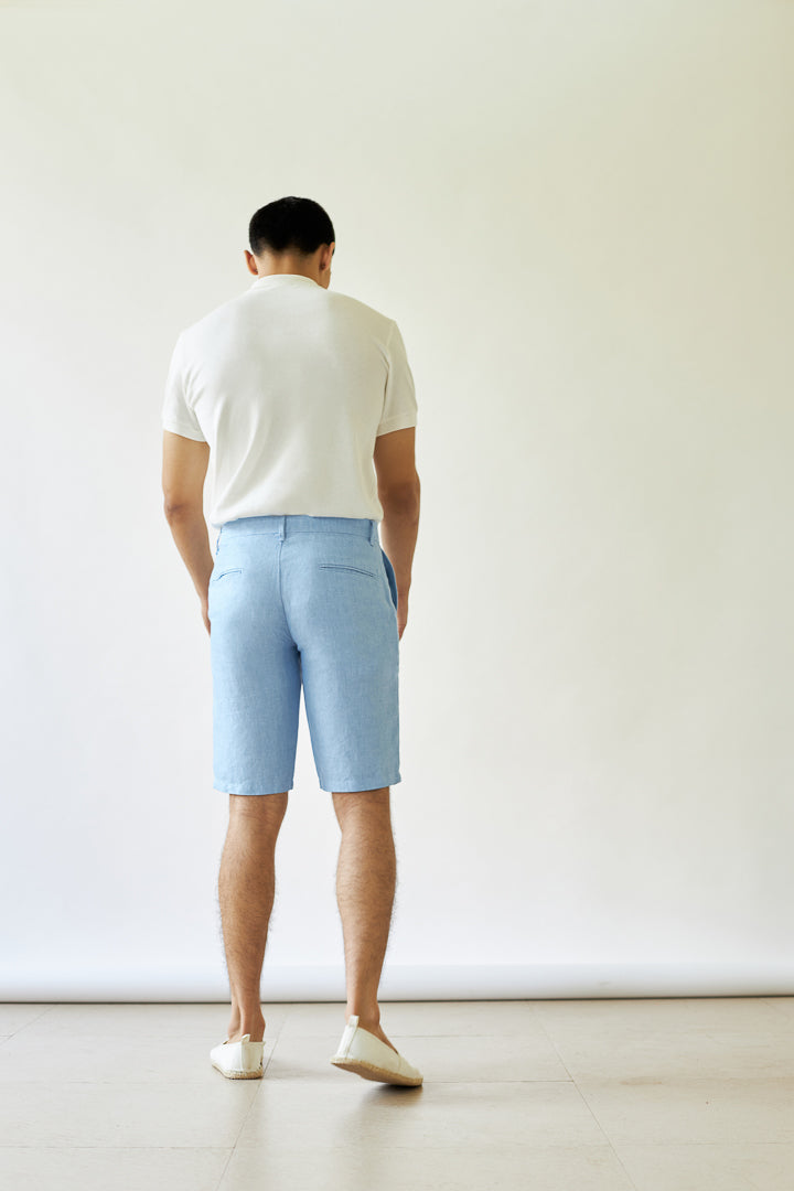 Mens chino shorts in iced blue linen Fabric 