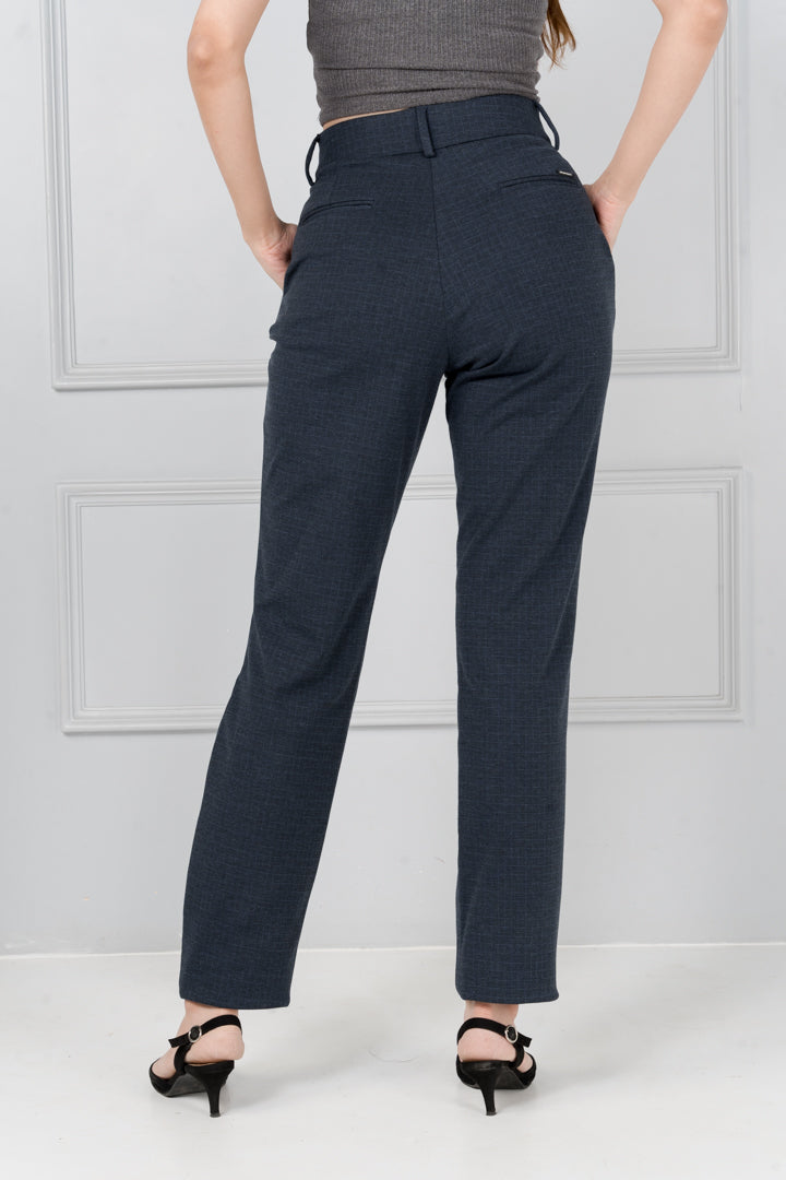 Navy Blue Checks Power-Stretch Pants Women