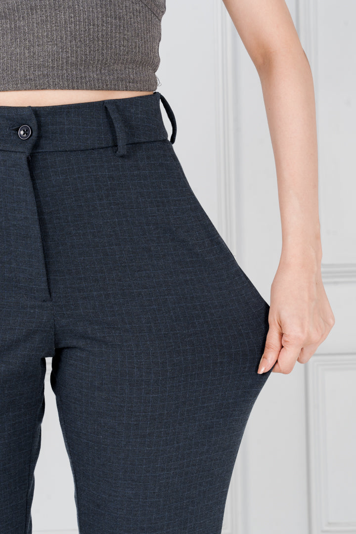 Navy Blue Checks Power-Stretch Pants - Women